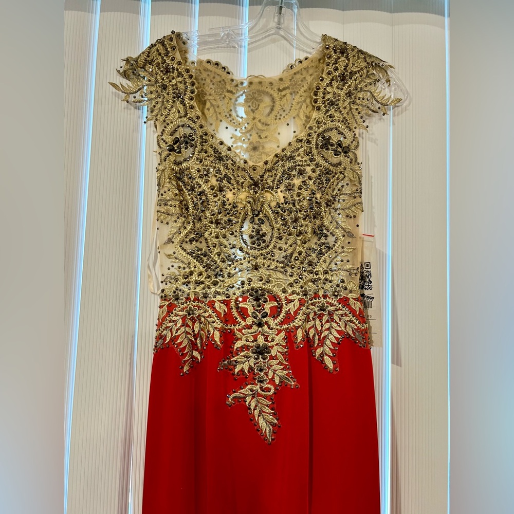 Stunning Red Gown with Nude beaded Top and Train. - Picture 9 of 17